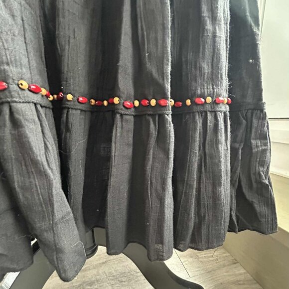 Lulumari Boho Wood & Gem Beaded Black Cotton Tiered and Lined Maxi Skirt - US L - Picture 5 of 8
